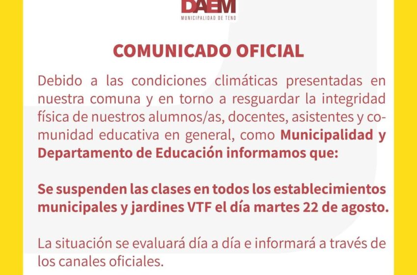  Suspensión de clases en Teno debido a condiciones climáticas.